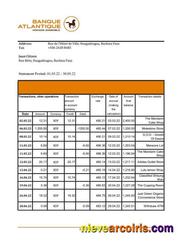 Burkina Faso Banque Atlantique bank statement